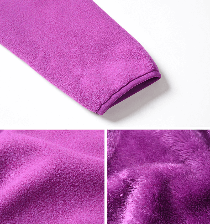 Close-up of purple thermal fleece jacket fabric, highlighting soft and insulating texture, perfect for outdoor sports adventures.